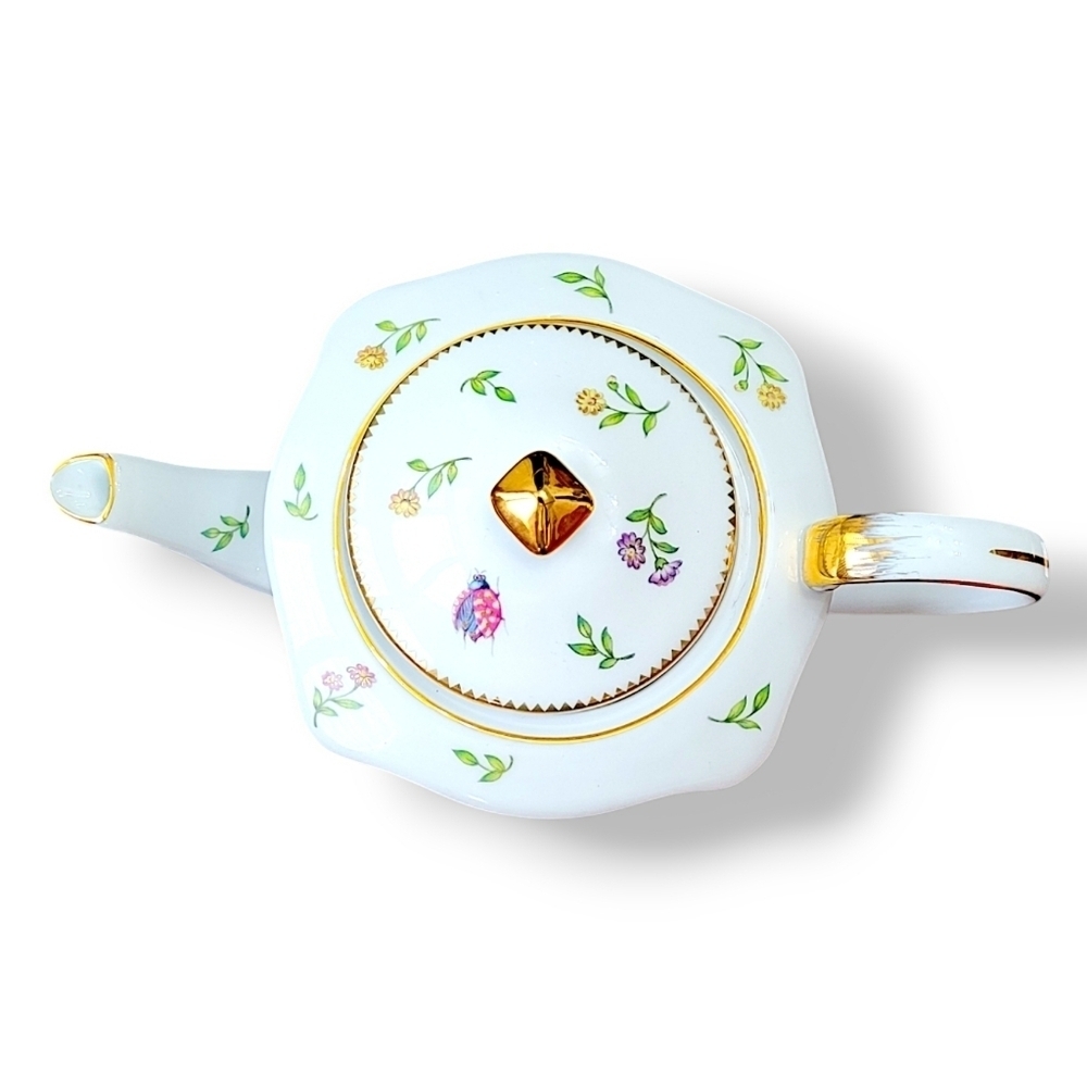 Godinger Primavera Square Teapot Dragonfly Floral Gold Trim Discontinued - Picture 4 of 8